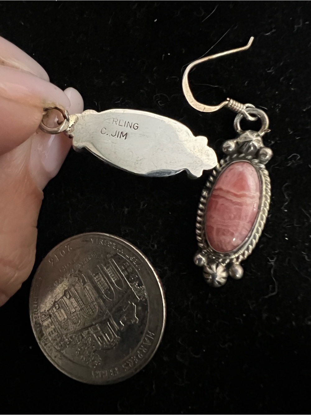 925 Sterling silver pink banded rhodochrosite dangle earrings